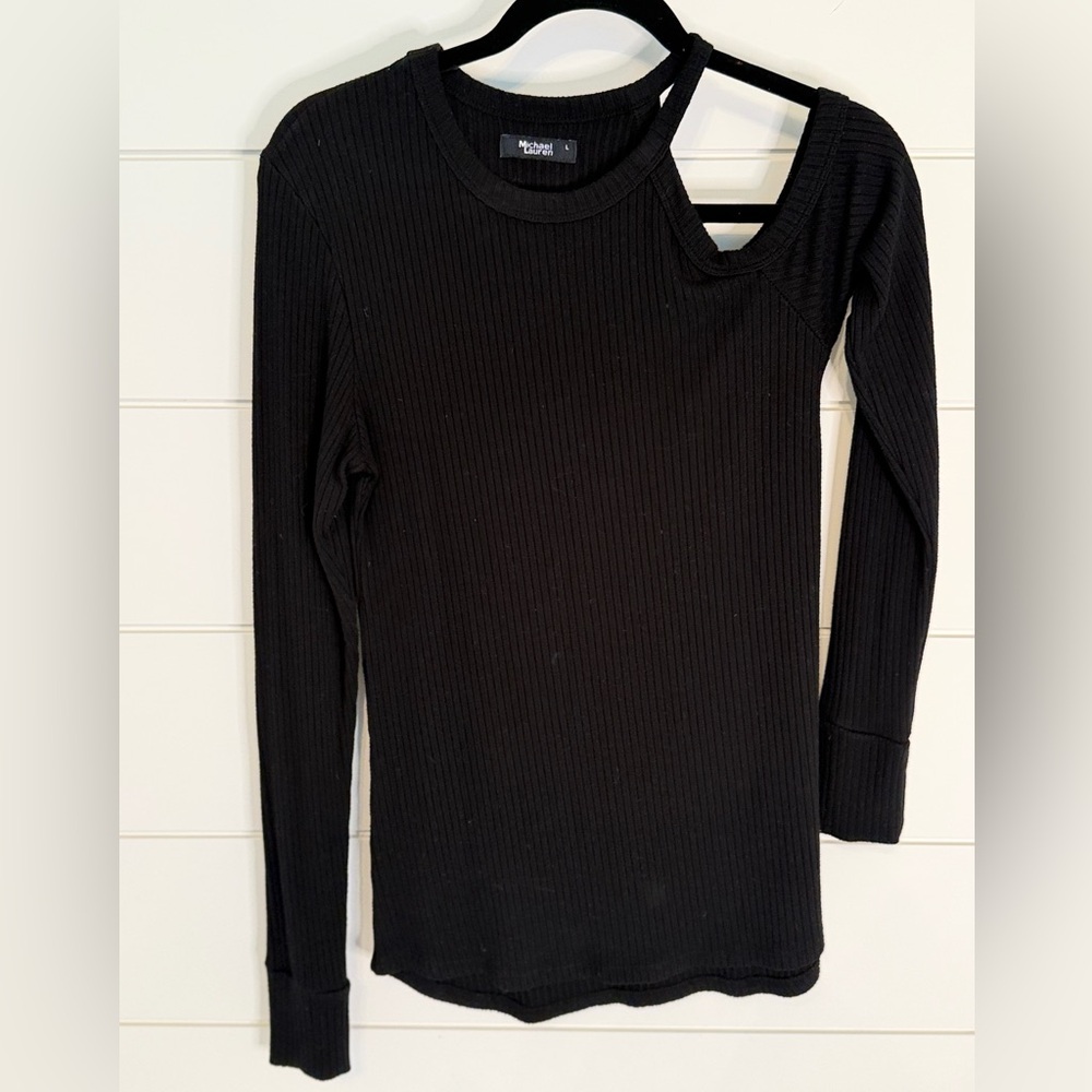 Michael Lauren Black Ribbed Long Sleeve Top with Asymmetrical Shoulder Cutout